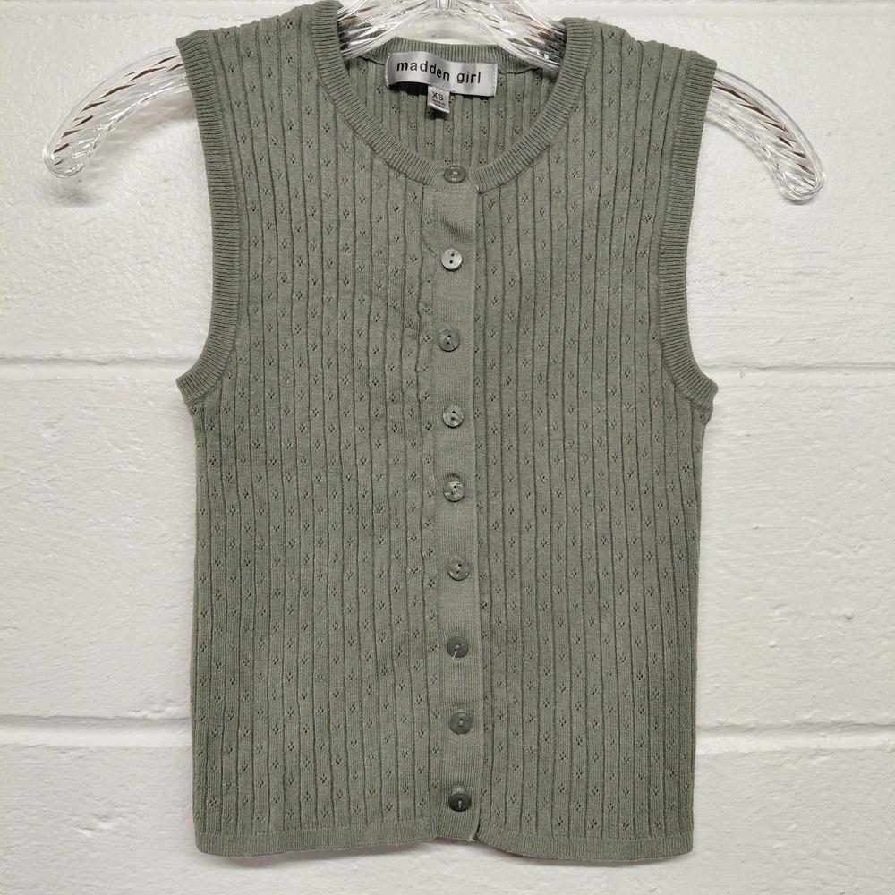 Madden Girl Sage Green Sweater Vest Women's XS Button Front Boho Preppy Y2K